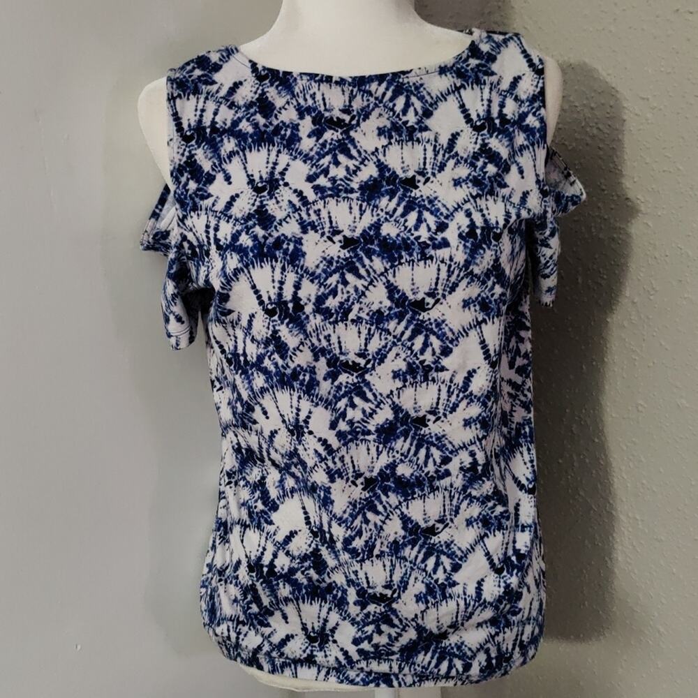 MICHAEL Michael Kors Midnight Blue Floral Short Sleeve Cotton Blend Top L Boho